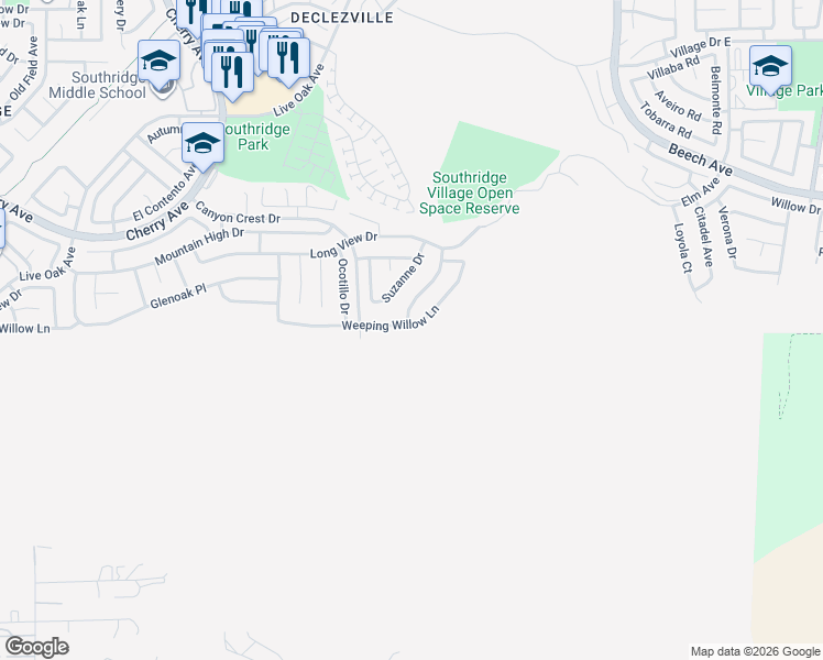 map of restaurants, bars, coffee shops, grocery stores, and more near 14911 Weeping Willow Lane in Fontana