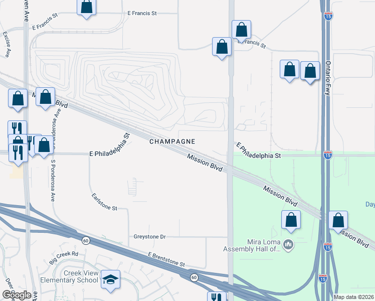 map of restaurants, bars, coffee shops, grocery stores, and more near 4100 Mission Boulevard in Ontario