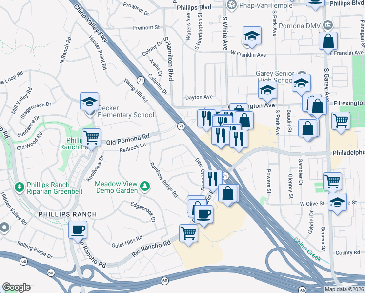 map of restaurants, bars, coffee shops, grocery stores, and more near 3 Navajo Trail Lane in Pomona