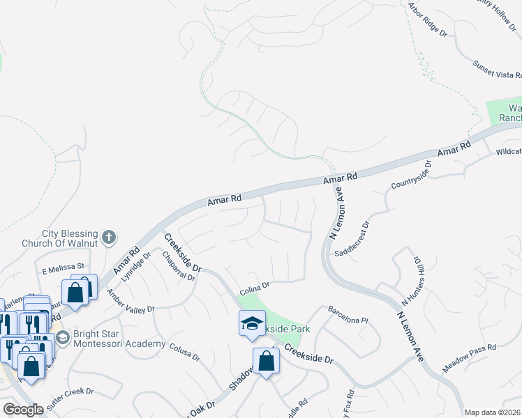 map of restaurants, bars, coffee shops, grocery stores, and more near 19440 Braes River Drive in Walnut