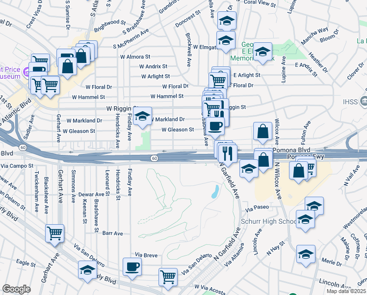 map of restaurants, bars, coffee shops, grocery stores, and more near 261W West Pomona Boulevard in Monterey Park