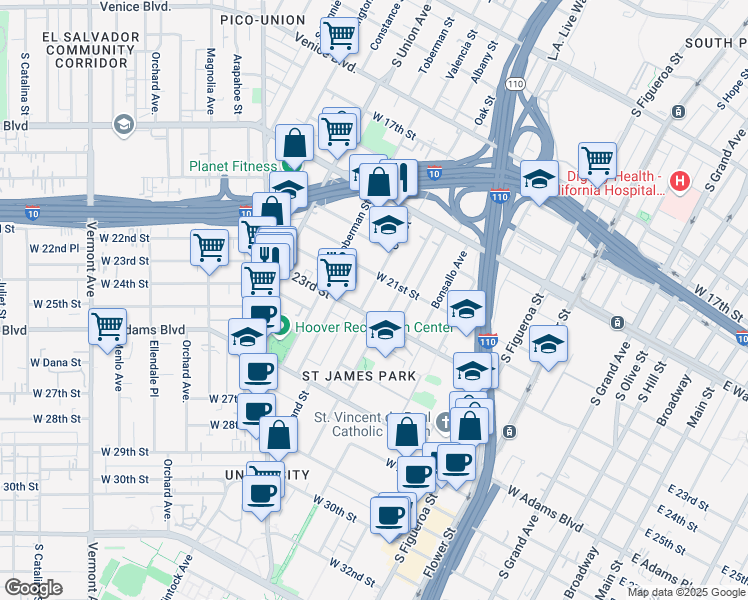 map of restaurants, bars, coffee shops, grocery stores, and more near 861 West 23rd Street in Los Angeles