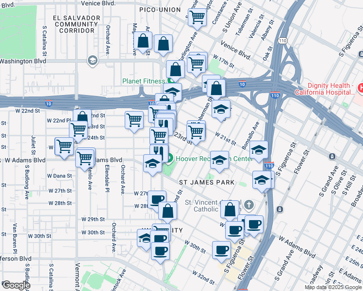 map of restaurants, bars, coffee shops, grocery stores, and more near 1004 West 24th Street in Los Angeles