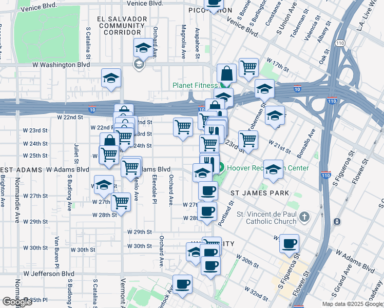 map of restaurants, bars, coffee shops, grocery stores, and more near 1150 West 25th Street in Los Angeles