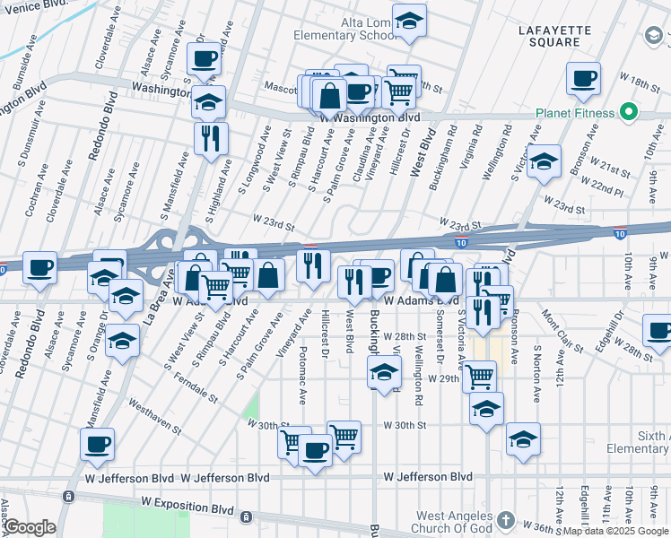 map of restaurants, bars, coffee shops, grocery stores, and more near 2521 Hillcrest Drive in Los Angeles