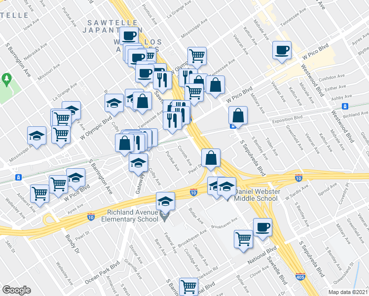 map of restaurants, bars, coffee shops, grocery stores, and more near 2456 Corinth Avenue in Los Angeles