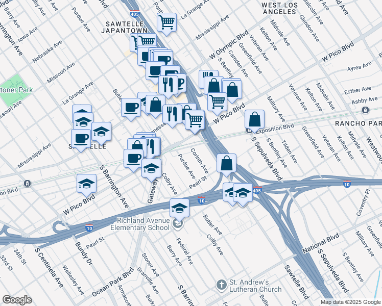 map of restaurants, bars, coffee shops, grocery stores, and more near 2456 Corinth Avenue in Los Angeles