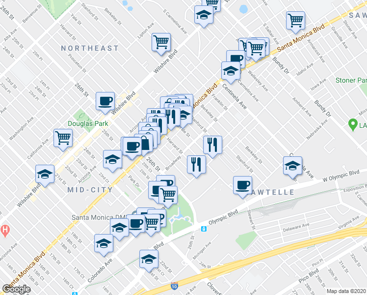 map of restaurants, bars, coffee shops, grocery stores, and more near 1452 Harvard Street in Santa Monica
