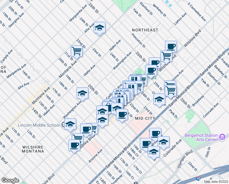 map of restaurants, bars, coffee shops, grocery stores, and more near in Santa Monica