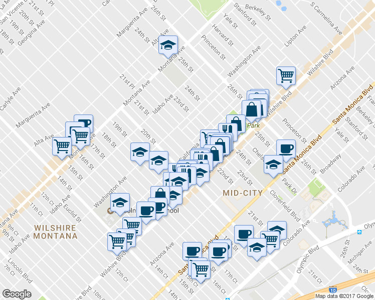 map of restaurants, bars, coffee shops, grocery stores, and more near in Santa Monica