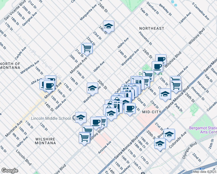 map of restaurants, bars, coffee shops, grocery stores, and more near 1041 20th Street in Santa Monica