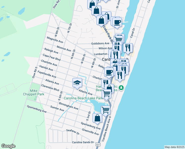 map of restaurants, bars, coffee shops, grocery stores, and more near 317 Charlotte Avenue in Carolina Beach