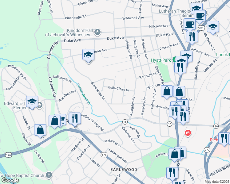 map of restaurants, bars, coffee shops, grocery stores, and more near 3412 Hazelhurst Road in Columbia