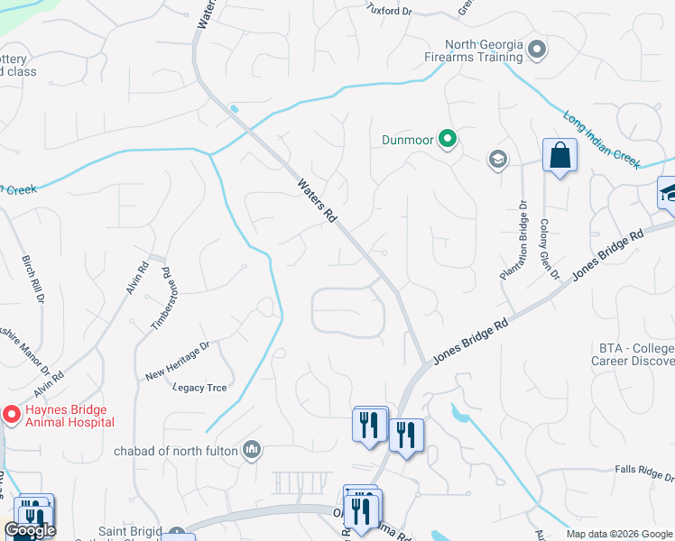 map of restaurants, bars, coffee shops, grocery stores, and more near 3625 Milton Park Drive in Alpharetta