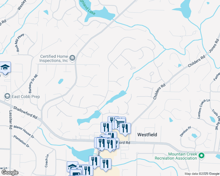 map of restaurants, bars, coffee shops, grocery stores, and more near 3402 Johnson Ferry Road Northeast in Roswell