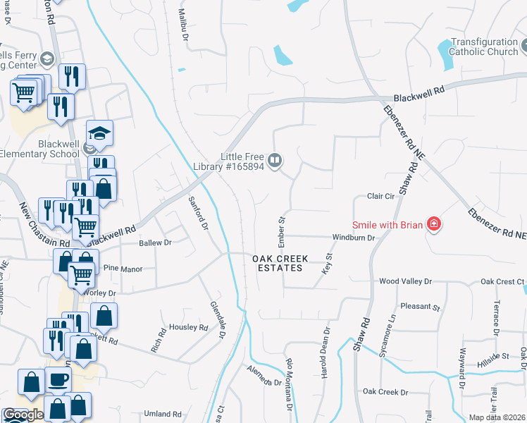 map of restaurants, bars, coffee shops, grocery stores, and more near 3338 Renfro Street in Marietta