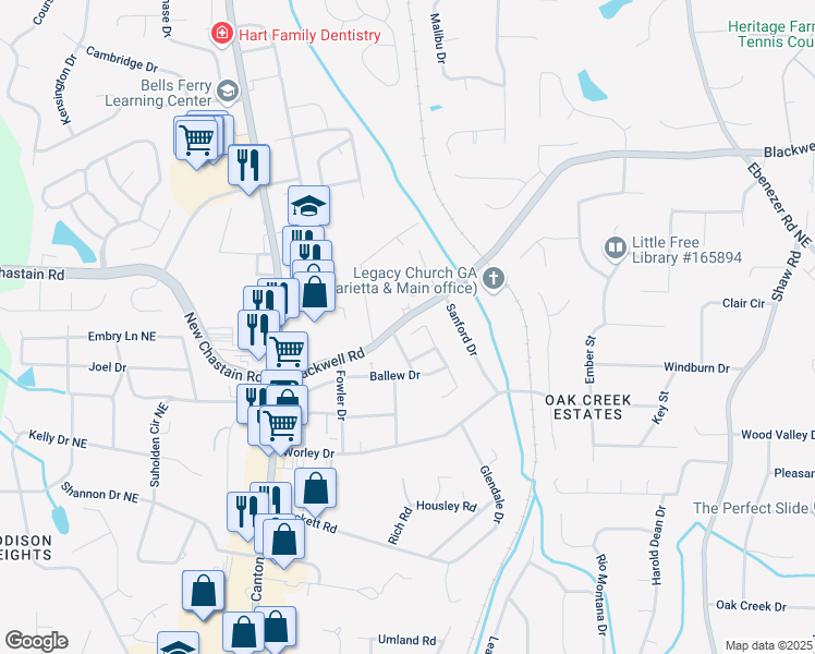 map of restaurants, bars, coffee shops, grocery stores, and more near 3362 Alexis Court in Marietta