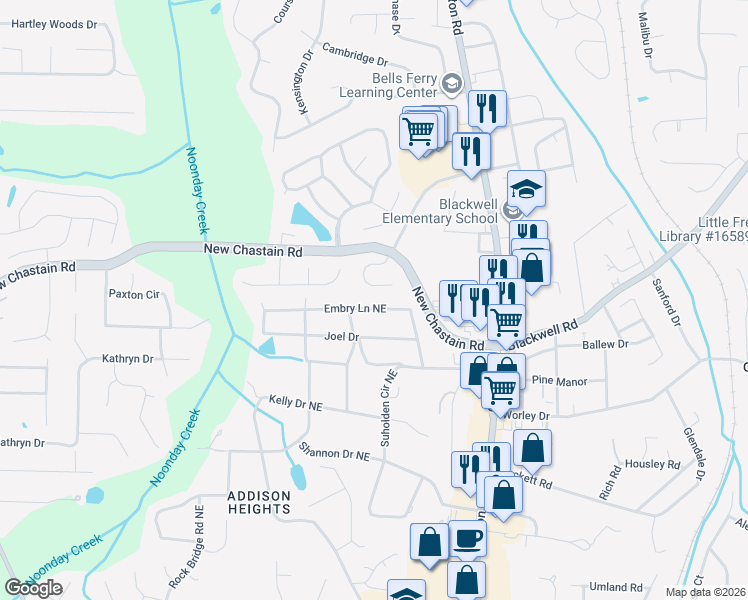 map of restaurants, bars, coffee shops, grocery stores, and more near 605 Embry Lane Northeast in Marietta