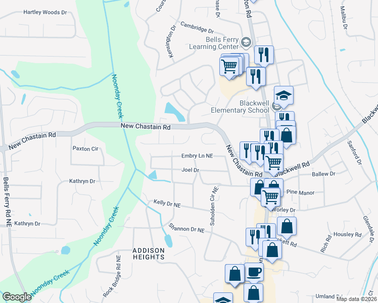 map of restaurants, bars, coffee shops, grocery stores, and more near 555 Embry Lane Northeast in Marietta