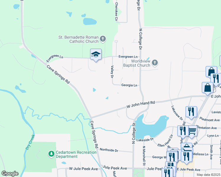 map of restaurants, bars, coffee shops, grocery stores, and more near 501 Georgia Lane in Cedartown