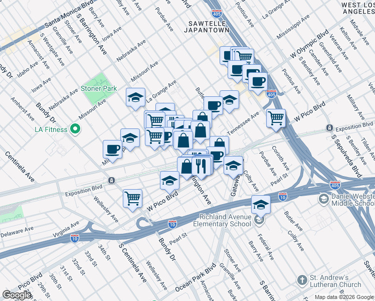 map of restaurants, bars, coffee shops, grocery stores, and more near 2251 Barry Avenue in Los Angeles