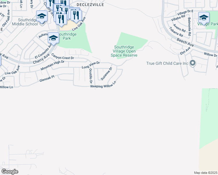 map of restaurants, bars, coffee shops, grocery stores, and more near 14911 Weeping Willow Lane in Fontana