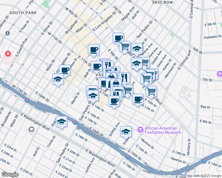 map of restaurants, bars, coffee shops, grocery stores, and more near 1118 Crocker Street in Los Angeles