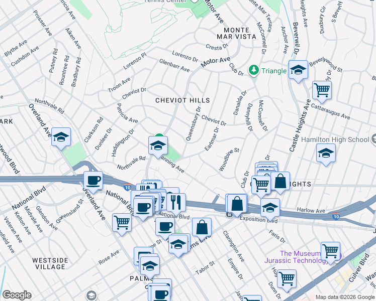map of restaurants, bars, coffee shops, grocery stores, and more near 3154 Queensbury Drive in Los Angeles