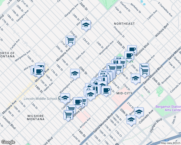 map of restaurants, bars, coffee shops, grocery stores, and more near in Santa Monica