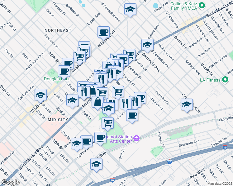 map of restaurants, bars, coffee shops, grocery stores, and more near 1453 Harvard Street in Santa Monica