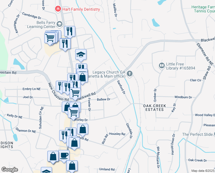 map of restaurants, bars, coffee shops, grocery stores, and more near 3362 Alexis Court in Marietta