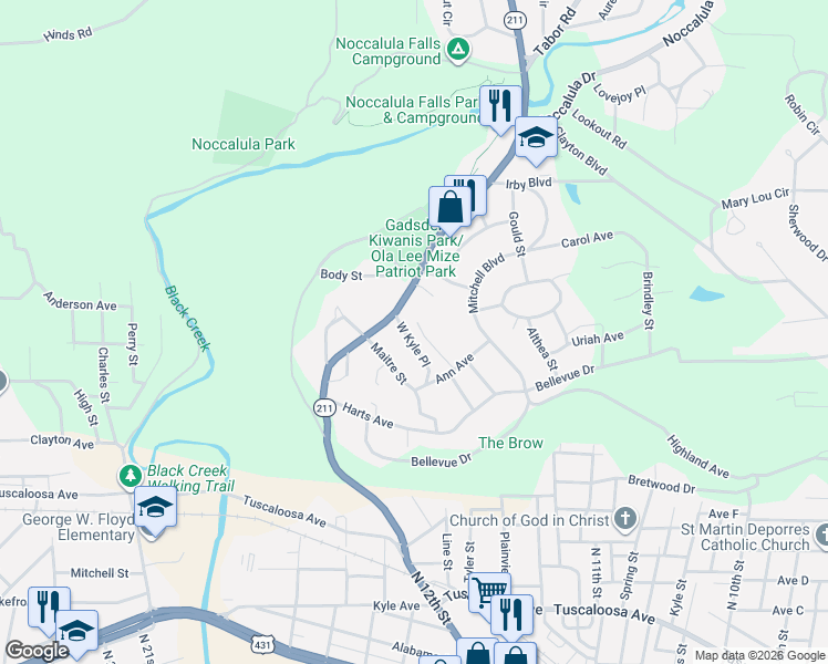 map of restaurants, bars, coffee shops, grocery stores, and more near 113 East Kyle Place in Gadsden