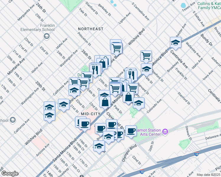 map of restaurants, bars, coffee shops, grocery stores, and more near 2508 Arizona Avenue in Santa Monica