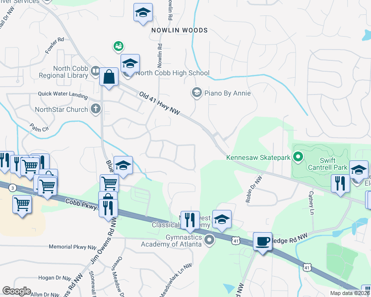 map of restaurants, bars, coffee shops, grocery stores, and more near 3145 Justice Mill Court Northwest in Kennesaw