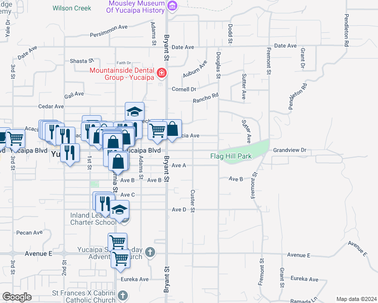 map of restaurants, bars, coffee shops, grocery stores, and more near 35391 Yucaipa Boulevard in Yucaipa