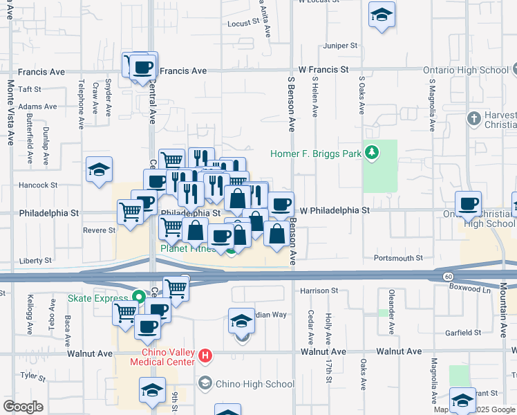 map of restaurants, bars, coffee shops, grocery stores, and more near 5624 Philadelphia Street in Chino
