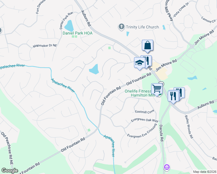 map of restaurants, bars, coffee shops, grocery stores, and more near 1325 Wilkes Crest Drive Northeast in Dacula