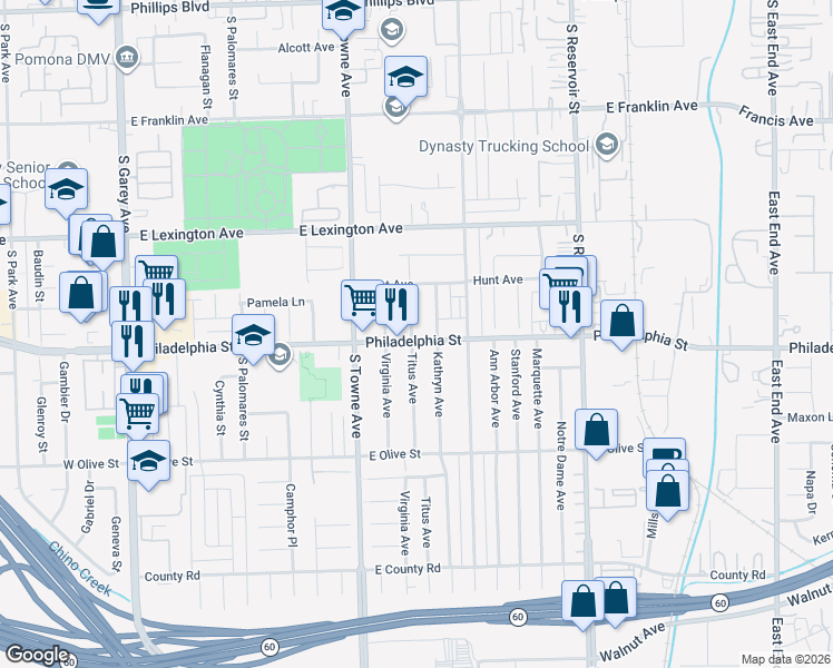 map of restaurants, bars, coffee shops, grocery stores, and more near 909 Philadelphia Street in Pomona