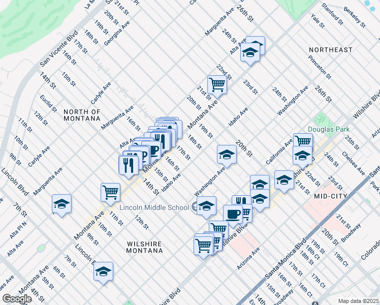 map of restaurants, bars, coffee shops, grocery stores, and more near 843 17th Street in Santa Monica