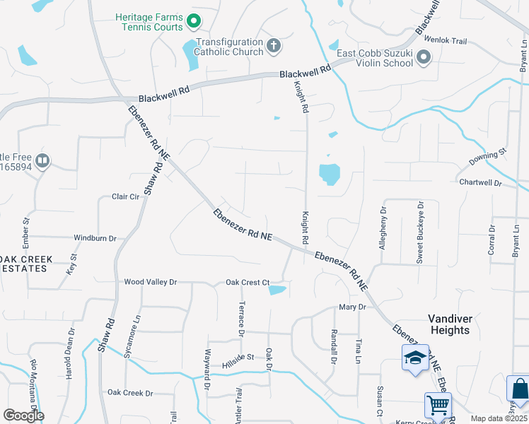 map of restaurants, bars, coffee shops, grocery stores, and more near 3386 Ebenezer Road Northeast in Marietta