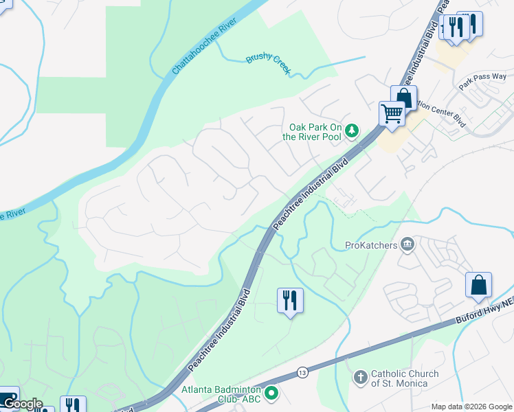 map of restaurants, bars, coffee shops, grocery stores, and more near 1760 Riverglen Drive Northwest in Suwanee