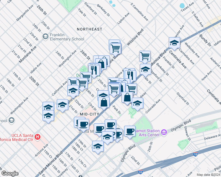 map of restaurants, bars, coffee shops, grocery stores, and more near 2510 Arizona Avenue in Santa Monica