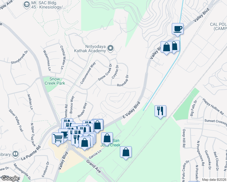 map of restaurants, bars, coffee shops, grocery stores, and more near 22055 Tuscany Court in Walnut