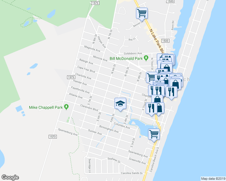 map of restaurants, bars, coffee shops, grocery stores, and more near 510 Hamlet Avenue in Carolina Beach