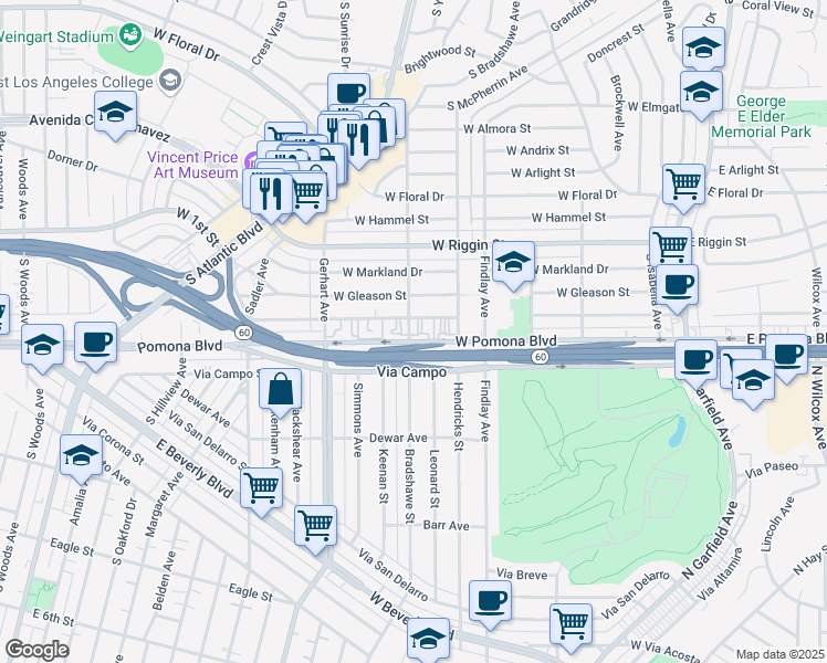 map of restaurants, bars, coffee shops, grocery stores, and more near 2432 Bradshawe Avenue in Monterey Park