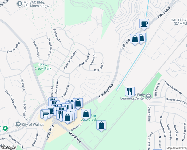 map of restaurants, bars, coffee shops, grocery stores, and more near 22059 Tuscany Court in Walnut