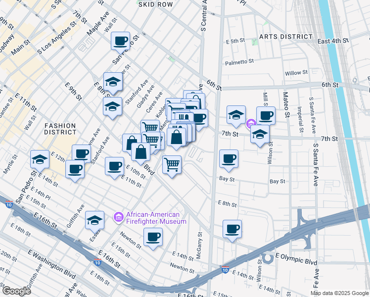 map of restaurants, bars, coffee shops, grocery stores, and more near 780 Market Court in Los Angeles