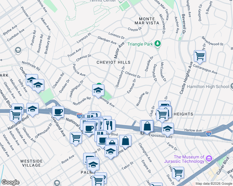 map of restaurants, bars, coffee shops, grocery stores, and more near 3154 Queensbury Drive in Los Angeles