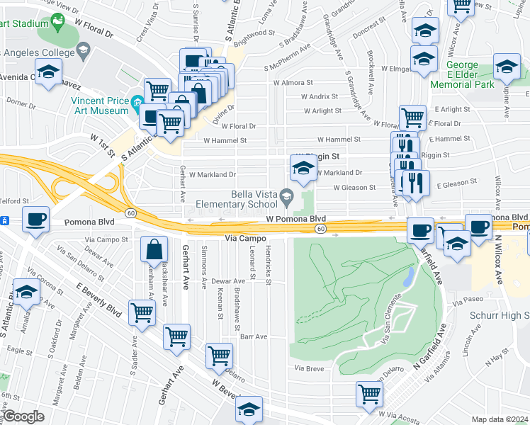 map of restaurants, bars, coffee shops, grocery stores, and more near 2433 Hendricks Avenue in Monterey Park