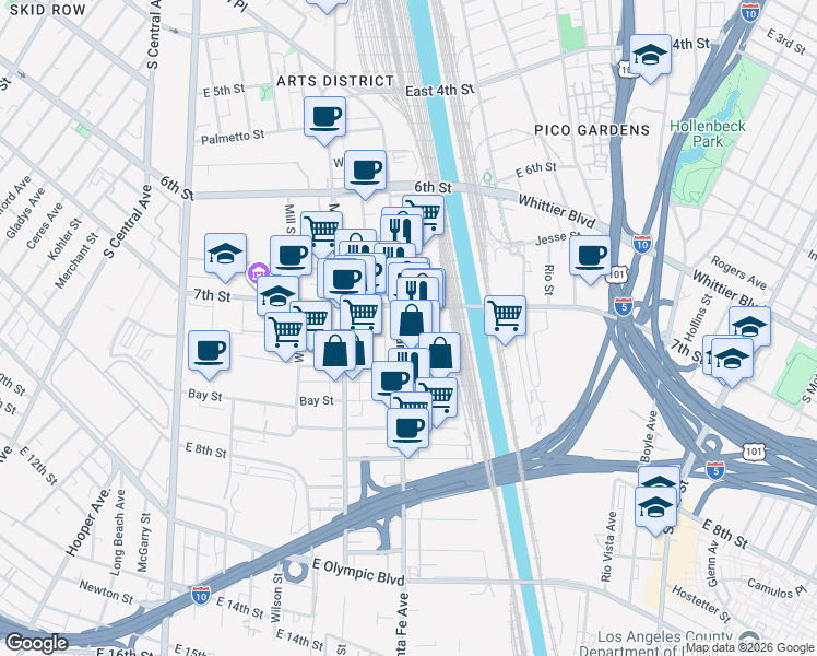 map of restaurants, bars, coffee shops, grocery stores, and more near 800 South Santa Fe Avenue in Los Angeles